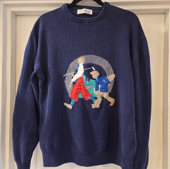 VTG Pringle Of Scotland Mens Crewneck Linen Cotton Embroidered Golf Sweater XL - Picture 2 of 14
